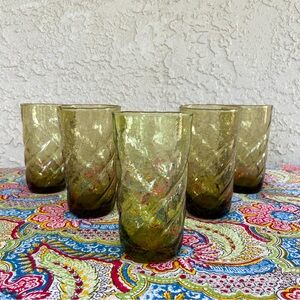 Imperial Vintage Crackle Glass Swirl Highball Tumblers - Set of 5 - Olive Green